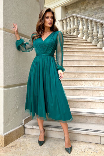 Läbipaistvate varrukatega midi õhtukleit, roheline