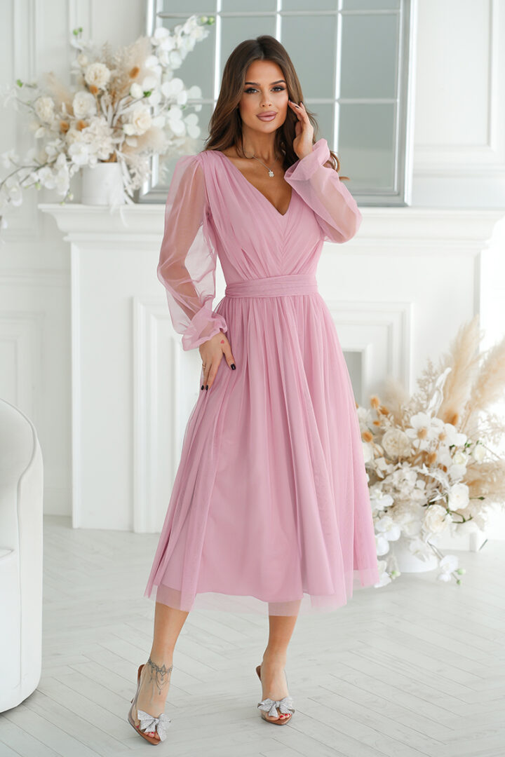 Läbipaistvate varrukatega midi õhtukleit, roosa