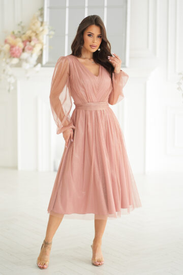 Läbipaistvate varrukatega midi õhtukleit, beež