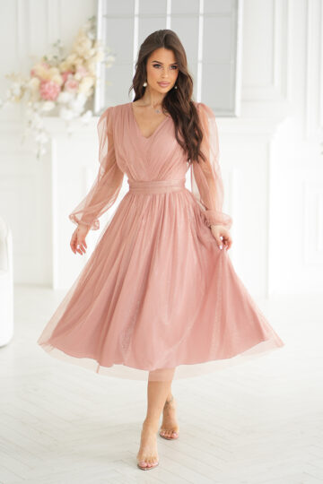 Läbipaistvate varrukatega midi õhtukleit, beež