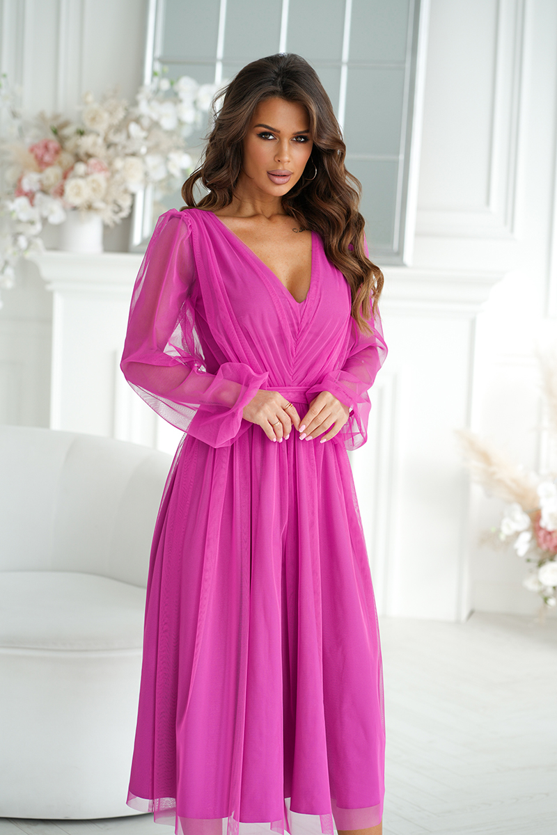 Läbipaistvate varrukatega midi õhtukleit, tume lilla