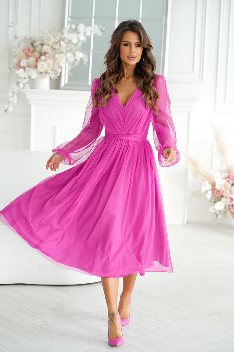 Läbipaistvate varrukatega midi õhtukleit, tume lilla