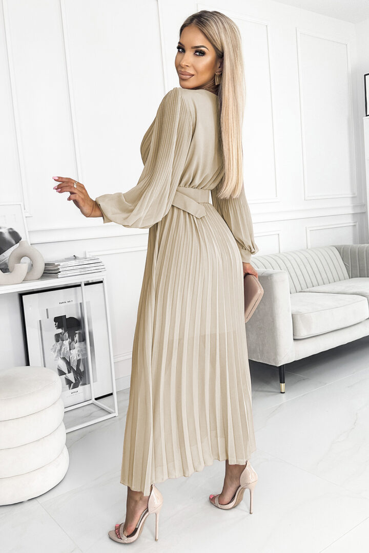 Pleated dress with belt, beige