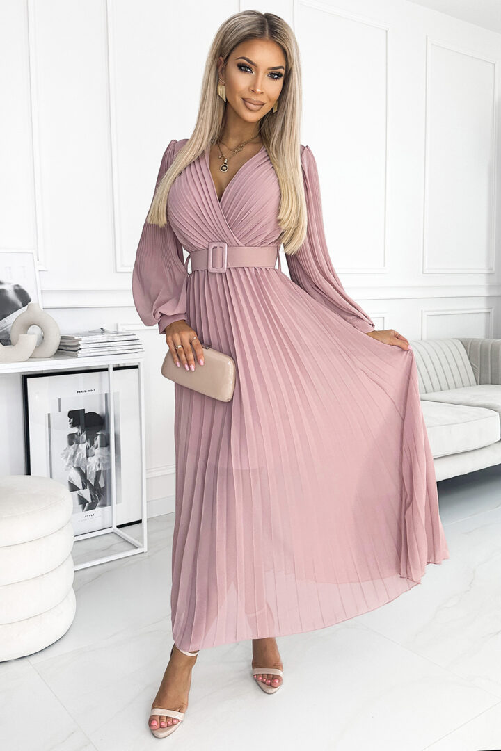 Pleated dress with belt, light pink