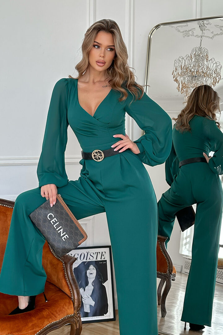 Pikkade varrukatega jumpsuit, roheline
