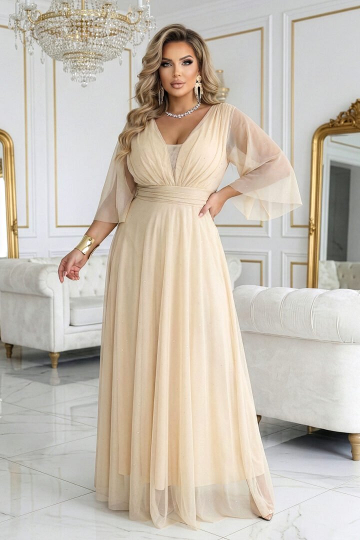 Plus size sädelev maksikleit, бежевый