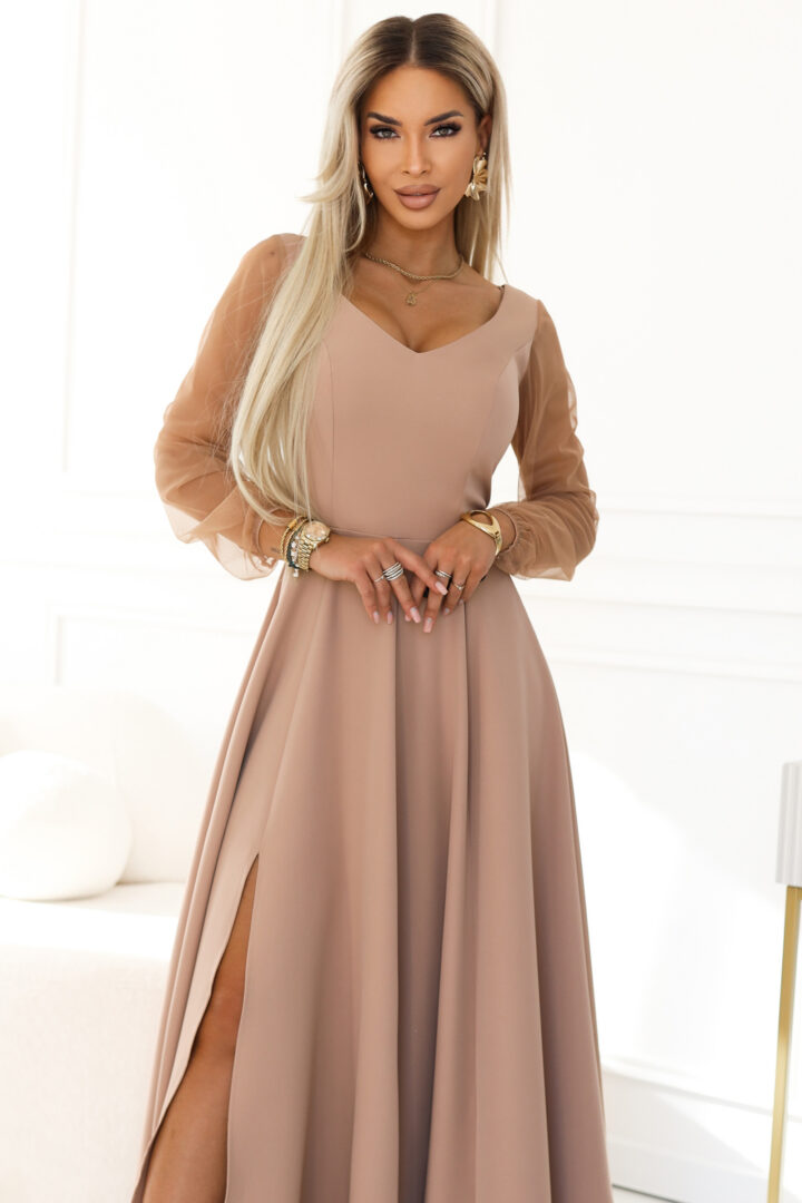 Maxi dress with sheer sleeves, beige