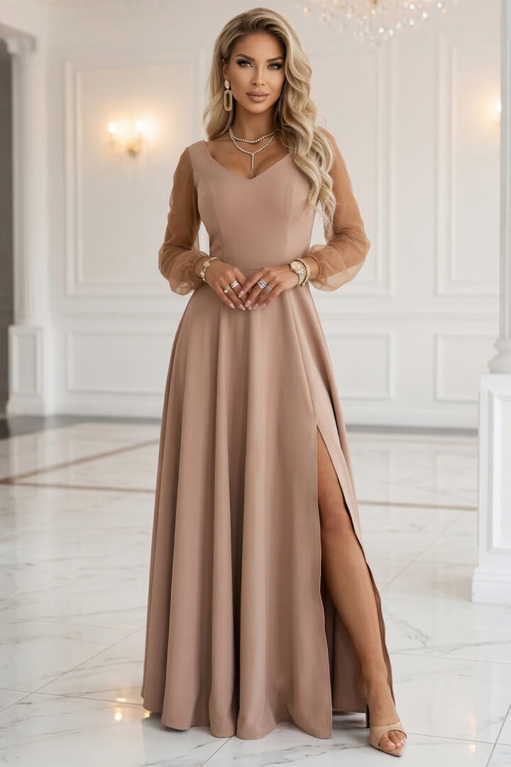 Maxi dress with sheer sleeves, beige
