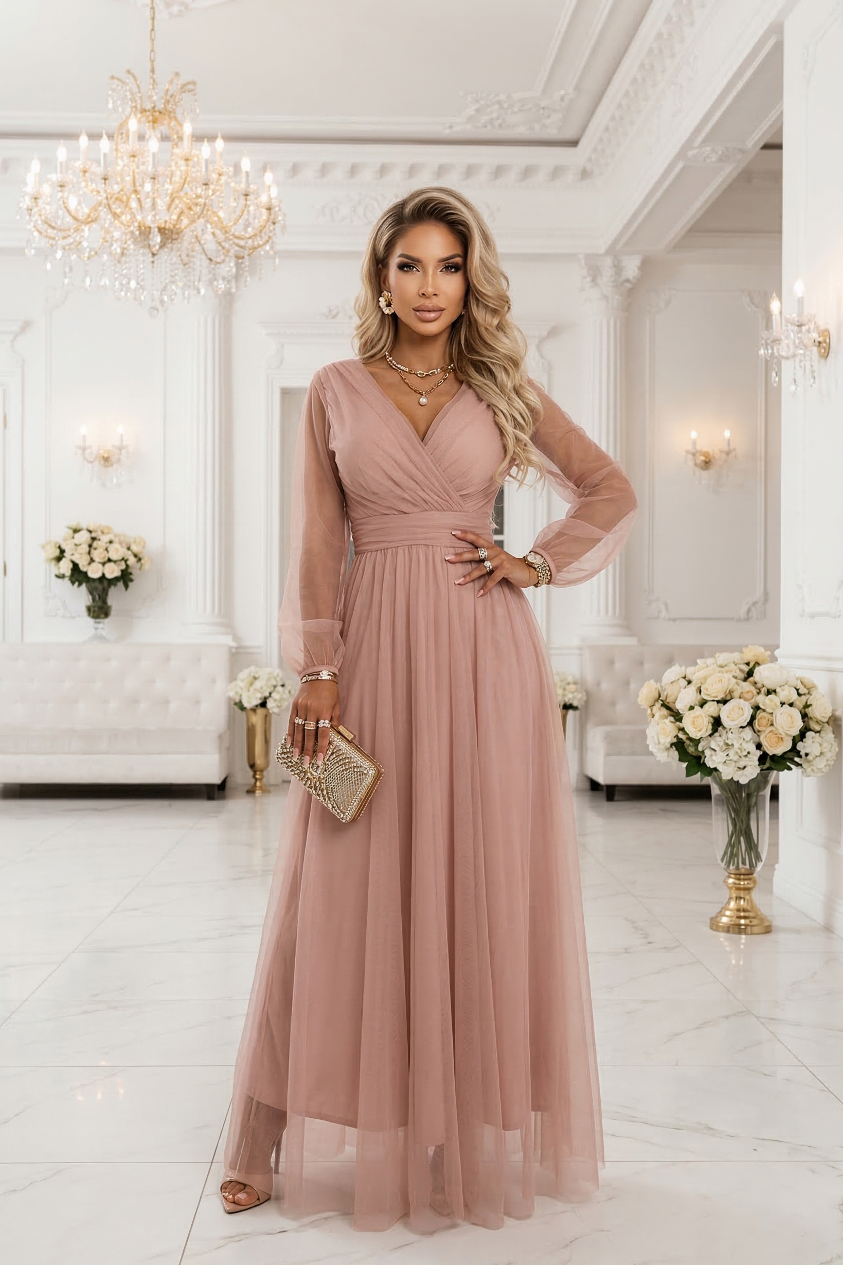 Läbipaistvate varrukatega tüllkleit, roosa - Image 9