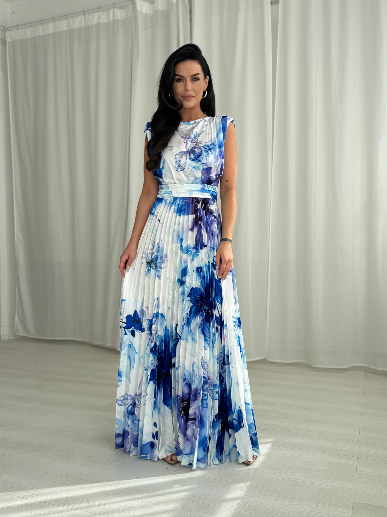 Plisseeritud maksikleit, sinine-valge - Image 5