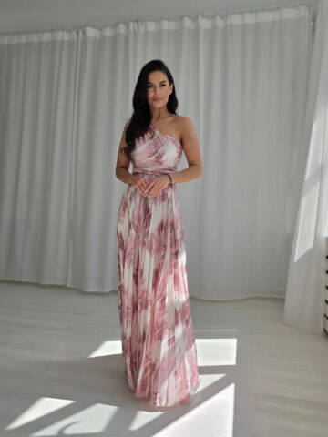 Ühe õlaga plisseeritud maksikleit, heleroosa