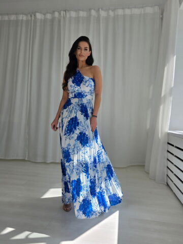 Ühe õlaga pliseeritud maksikleit, sinine