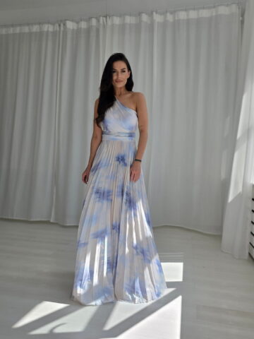 Ühe õlaga plisseeritud maksikleit, helesinine